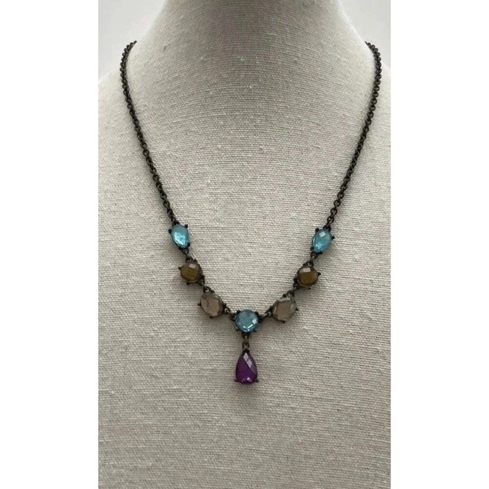 Vintage Purple Aqua Blue Faceted Cabochon Teardrop NJR Charm Necklace Bronze 17”